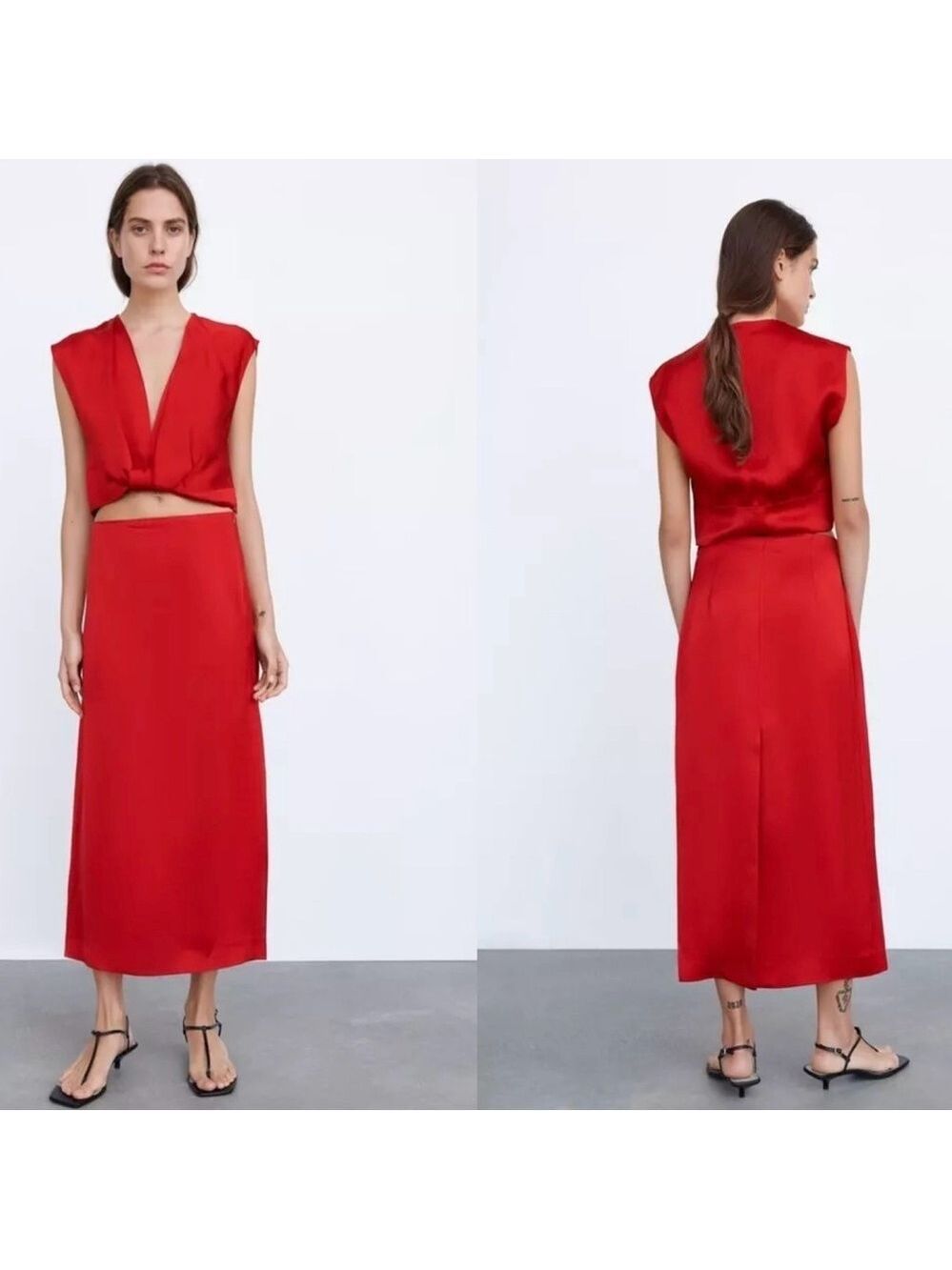 Zara red satin effect midi slip skirt cropped twist front blouse top set M NWOT